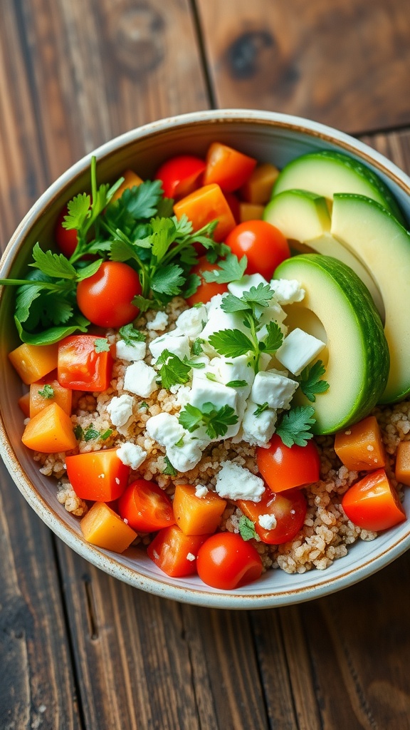 A colorful quinoa bowl with vegetables, topped with feta and herbs, on a rustic wooden table.